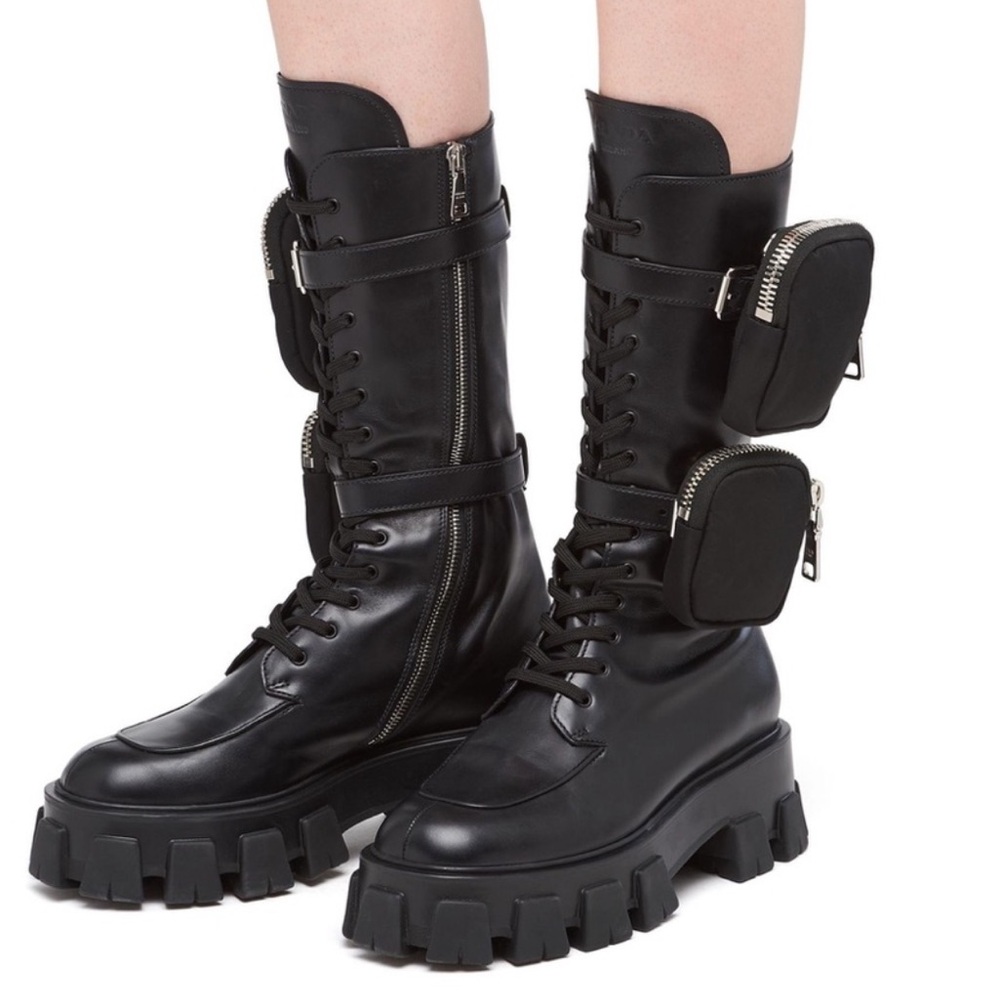 Authentic Prada Monolith Black Leather Boots 36.5